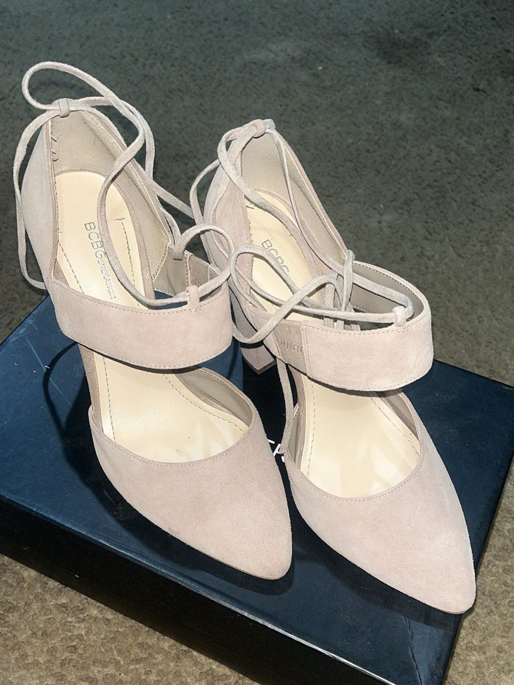 BCBGeneration Blush Suede Pointed-Toe Ankle Tie Heels